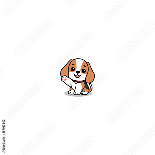 Cute beagle puppy sitting and waving paw cartoon, vector illustration