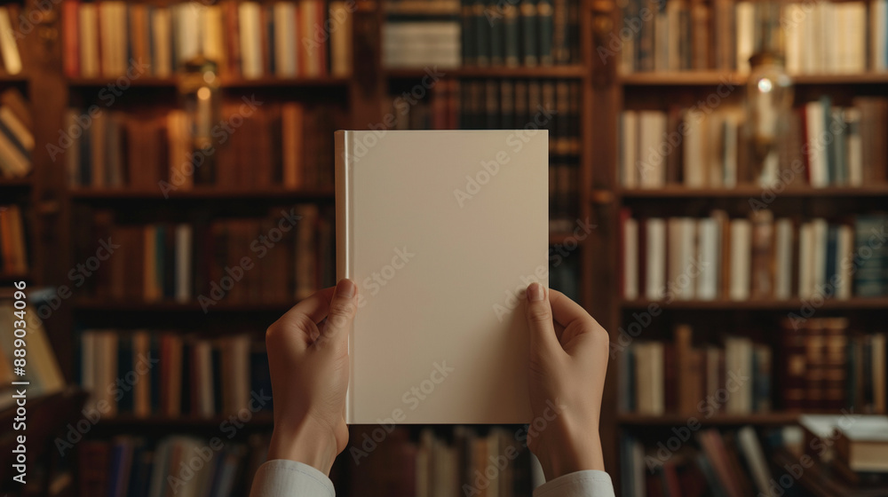 A close-up view of a blank book cover mockup in the hands of a person, with library bookshelves and a study area in the background. A close-up view of a blank book cover mockup in the hands of a person, with library bookshelves and a study area in the background.