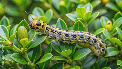 Box tree moth (Cydalima perspectalis) caterpillar feeding on the leaves of Buxus