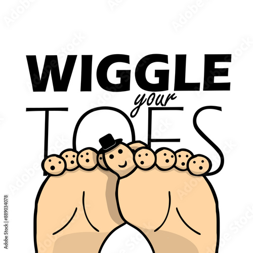 National Wiggle Your Toes Day event banner. A pair of feet decorated with a hat and cute eyes on a white background to celebrate on August 6th