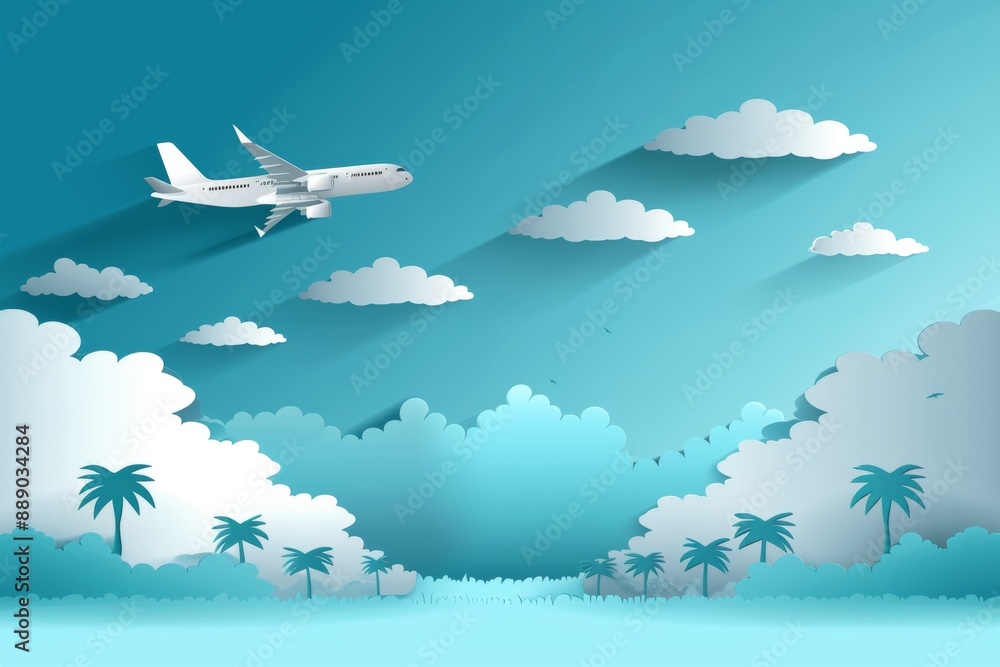 Serene blue sky with fluffy clouds and a plane flying over tropical islands evoking a sense of travel and adventure Serene blue sky with fluffy clouds and a plane flying over tropical islands evoking a sense of travel and adventure