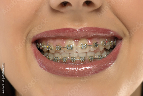 Close up of female's mouth and teeth braces.