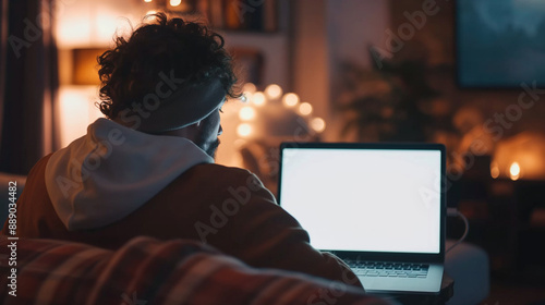 A young man working on a laptop with a blank white screen, seen over his shoulder, with the backdrop of a comfortable home living space with soft lighting. photo