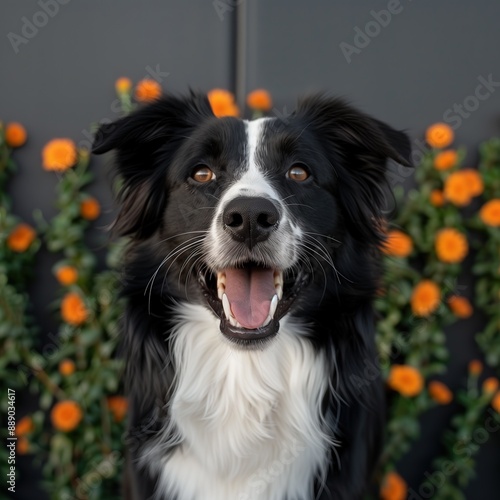 Border Collie dog with orange flowers, smiling expression