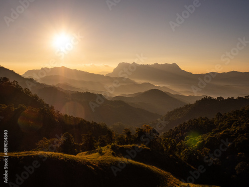 Doi Luang Chiang Dao mountain at dawn with golden hour sunrise sky. Chiang Mai - Thailand