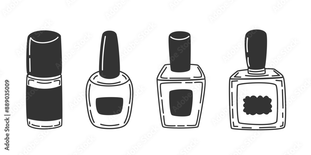 Beauty cosmetics vector set. Nail polish bottles vector illustration iblack and white in doodle style Beauty cosmetics vector set. Nail polish bottles vector illustration iblack and white in doodle style