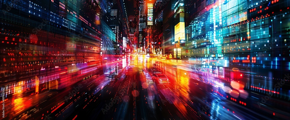 Abstract composition illuminated with mesmerizing lights, capturing the essence of stocks, marketing, and technology in contemporary society. Abstract composition illuminated with mesmerizing lights, capturing the essence of stocks, marketing, and technology in contemporary society.