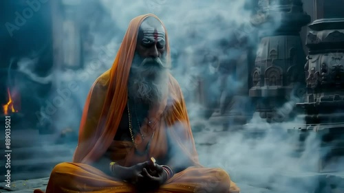 Video recreation of a hinduist sadhu ascetic meditating in a ancient temple