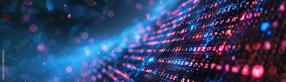 Glowing binary code background with soft blue and pink bokeh lights Glowing binary code background with soft blue and pink bokeh lights