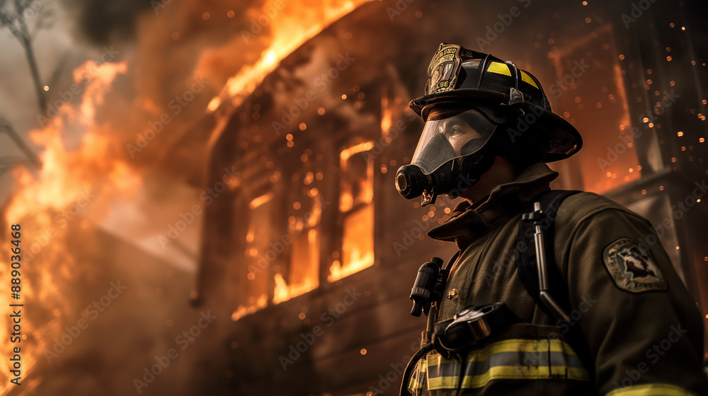 A firefighter in full protective gear stands resolutely in front of a burning building, flames and smoke billowing into the night sky. A firefighter in full protective gear stands resolutely in front of a burning building, flames and smoke billowing into the night sky.