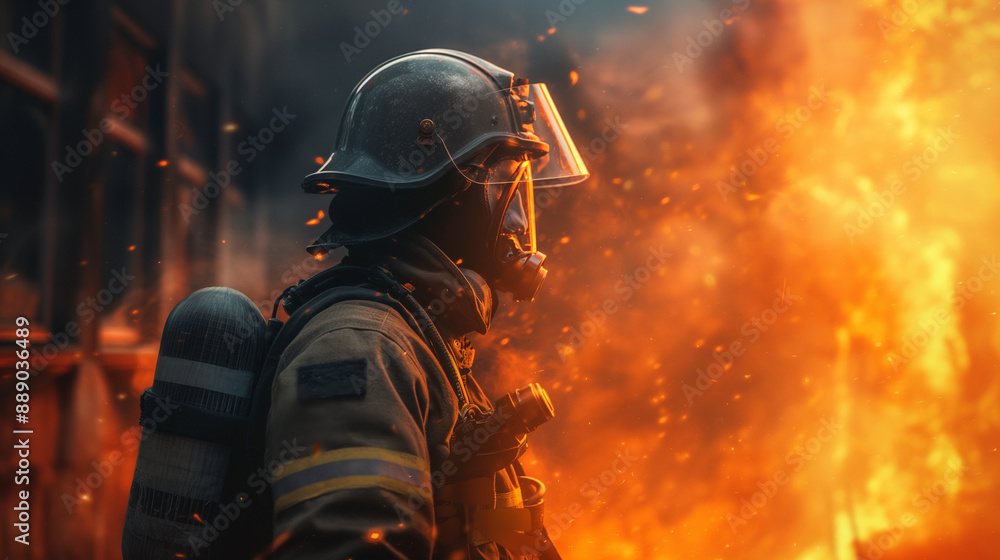 A heroic firefighter in protective gear stands before a fiercely burning building, ready to brave the flames and save lives. A heroic firefighter in protective gear stands before a fiercely burning building, ready to brave the flames and save lives.