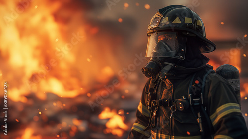 In the midst of chaos, a firefighter in protective gear stands firmly, the burning building behind casting an intense glow.