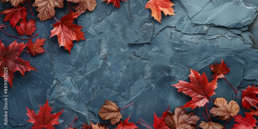 Abstract Autumn Background with Colorful Red Leaves on Blue Slate. Top View, Copy Space for Seasonal Marketing and End-of-Season Promotions. AI-Generated, 4K High-Definition Wallpaper with Various Ang Abstract Autumn Background with Colorful Red Leaves on Blue Slate. Top View, Copy Space for Seasonal Marketing and End-of-Season Promotions. AI-Generated, 4K High-Definition Wallpaper with Various Ang
