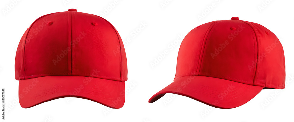 Two red baseball caps with white stitching on a white background, perfect for fashion, casual, or sports-themed projects.