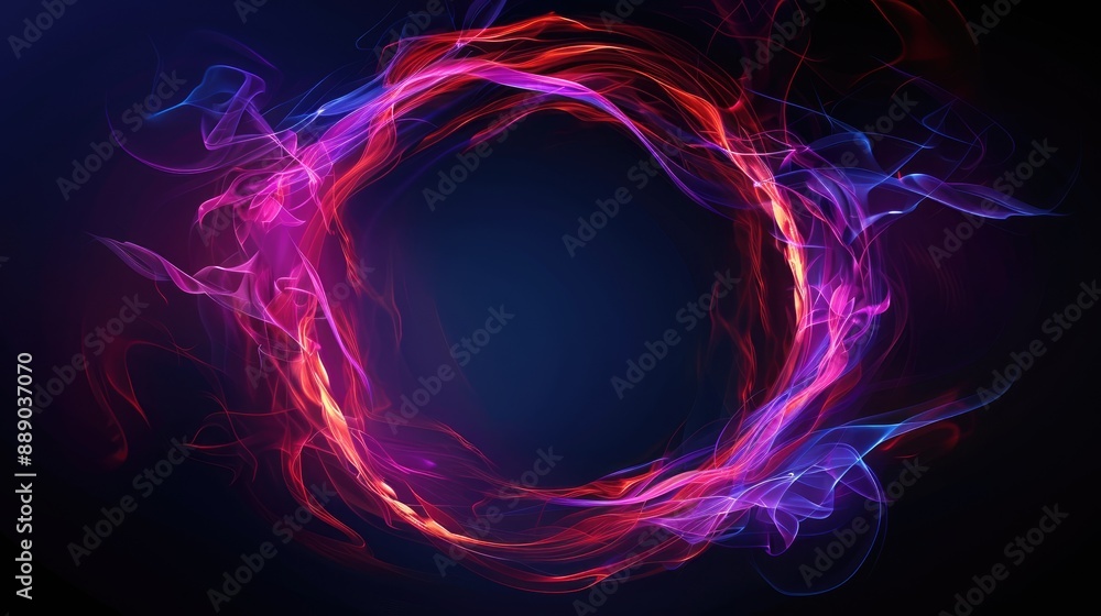 Naklejka premium Abstract neon ring frame with glowing fire and smoke, blue pink light effect on black background