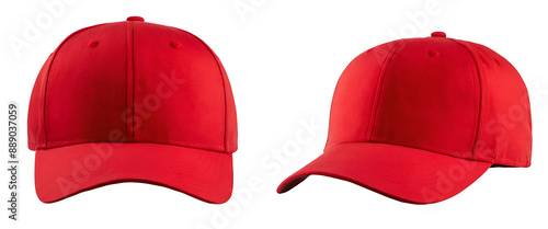 Two red baseball caps with white stitching on a white background, perfect for fashion, casual, or sports-themed projects. photo