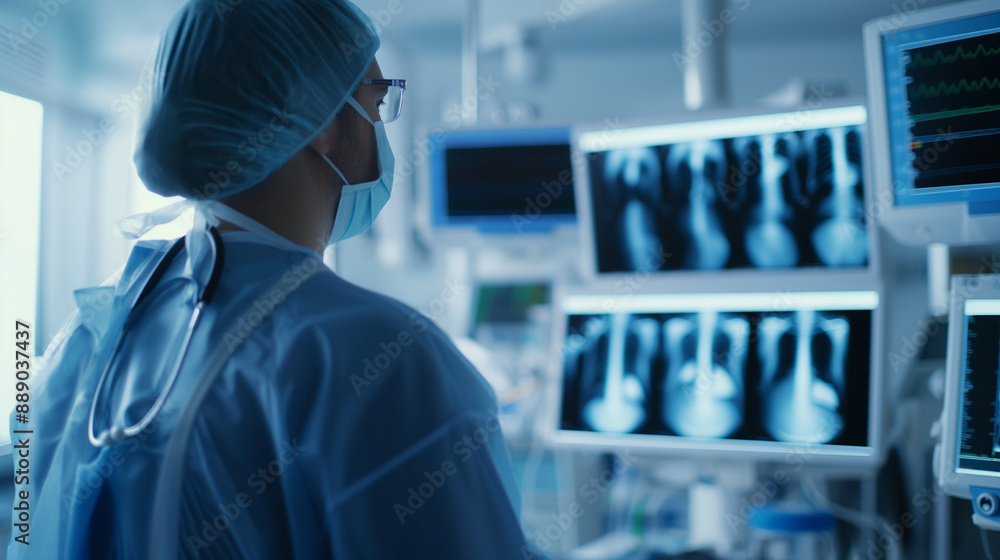 The intense focus of a doctor is captured as they analyze x-ray images on a screen in a hospital, with the backdrop of advanced medical equipment and a tranquil atmosphere. The intense focus of a doctor is captured as they analyze x-ray images on a screen in a hospital, with the backdrop of advanced medical equipment and a tranquil atmosphere.