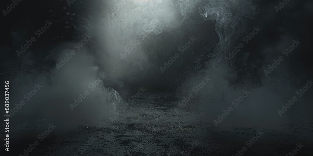 Fototapeta premium Mysterious Panoramic Fog: Abstract Dark Room Concrete Floor for Product Placement