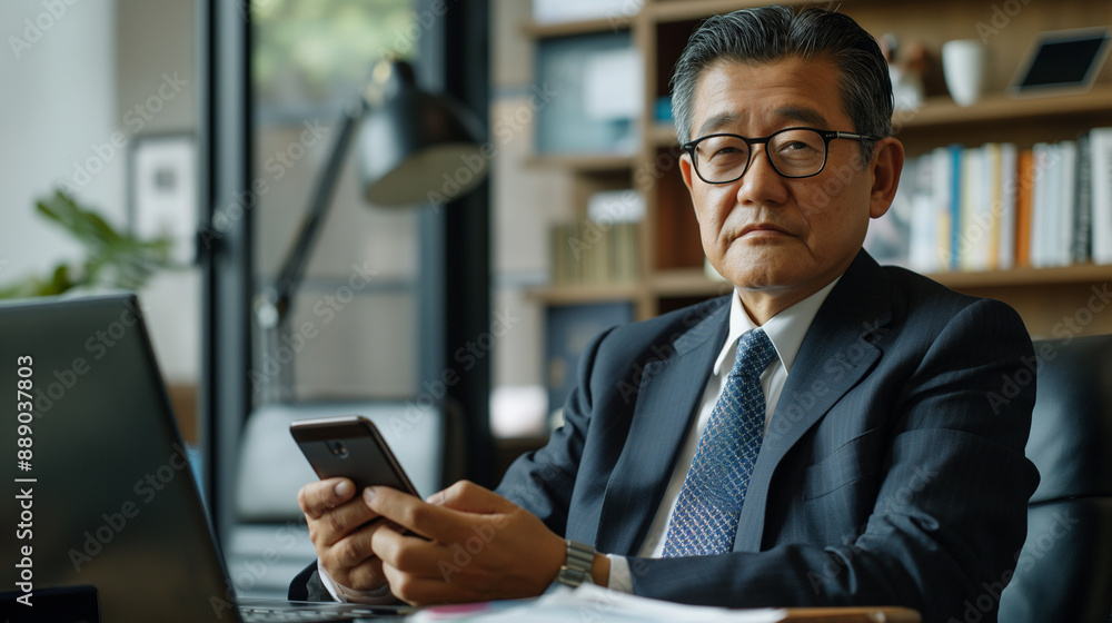 A senior middle-aged Asian businessman manager CEO, dressed in a sharp suit, sits at a contemporary desk using a smartphone and laptop, orchestrating online business strategies. A senior middle-aged Asian businessman manager CEO, dressed in a sharp suit, sits at a contemporary desk using a smartphone and laptop, orchestrating online business strategies.