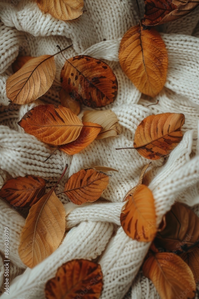 Autumn leaves resting on a soft, white knitted fabric near macro. Autumn leaves resting on a soft, white knitted fabric near macro.