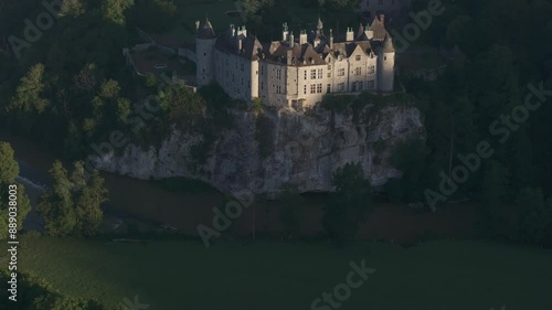 Aerial view of Medieval castle Walzin by river at sunrise, Dinant, Namur, Belgium. photo