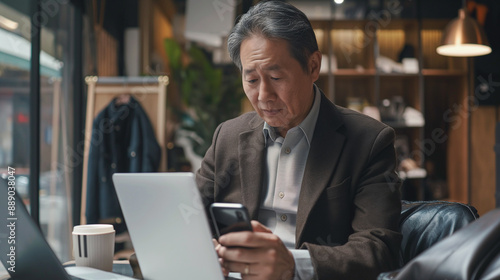 With a cup of coffee on the side, a senior middle-aged Asian businessman manager CEO uses his smartphone and laptop in a stylish office, showcasing productivity and efficiency. © Maksym