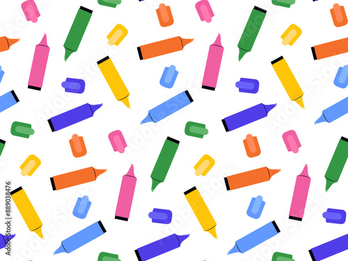 Multicolored highlighters seamless pattern. Bright background from office accessories