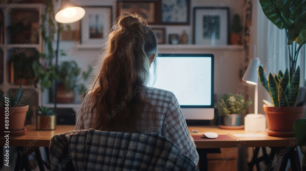 Over the shoulder shot of a young woman in a cozy home office, typing on her computer with a blank white screen, ready for creative input. Over the shoulder shot of a young woman in a cozy home office, typing on her computer with a blank white screen, ready for creative input.
