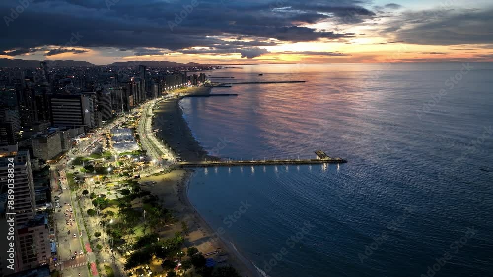 Sunset Sky At Fortaleza Ceara Brazil. Turquoise Ocean Waves Gently Crashing On Tropical Beach. Sunset Sky Clouds Downtown Cityscape. Sunset Outdoor Downtown . Fortaleza Ceara. Sunset Sky At Fortaleza Ceara Brazil. Turquoise Ocean Waves Gently Crashing On Tropical Beach. Sunset Sky Clouds Downtown Cityscape. Sunset Outdoor Downtown . Fortaleza Ceara.
