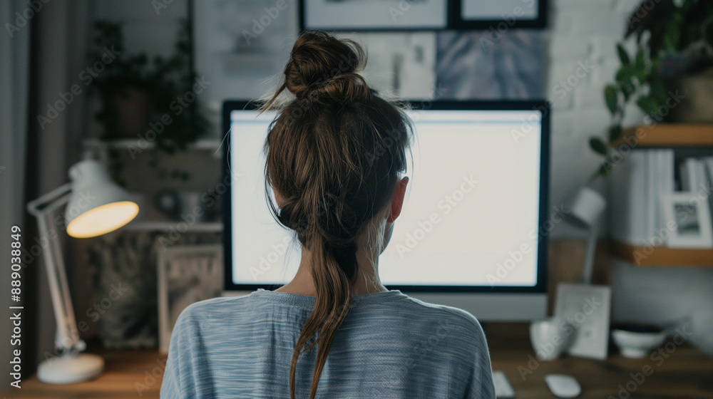 A young woman, captured from behind, faces a blank white computer screen in her neatly organized home workspace. A young woman, captured from behind, faces a blank white computer screen in her neatly organized home workspace.