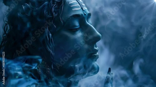 Video recreation of Shiva deity hinduist with blue atmosphere around meditating photo