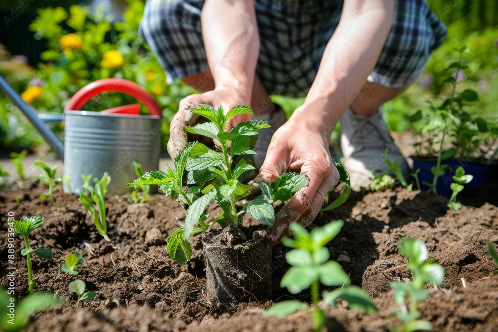 Fototapeta premium Planting a seedling in rich soil in a garden, close-up.