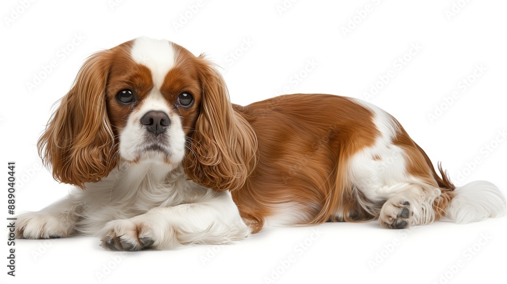 Cavalier King Charles Spaniel dog laying down on white background, looking up Cavalier King Charles Spaniel dog laying down on white background, looking up