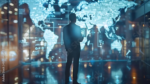 Silhouette of a Man Analyzing a Digital World Map