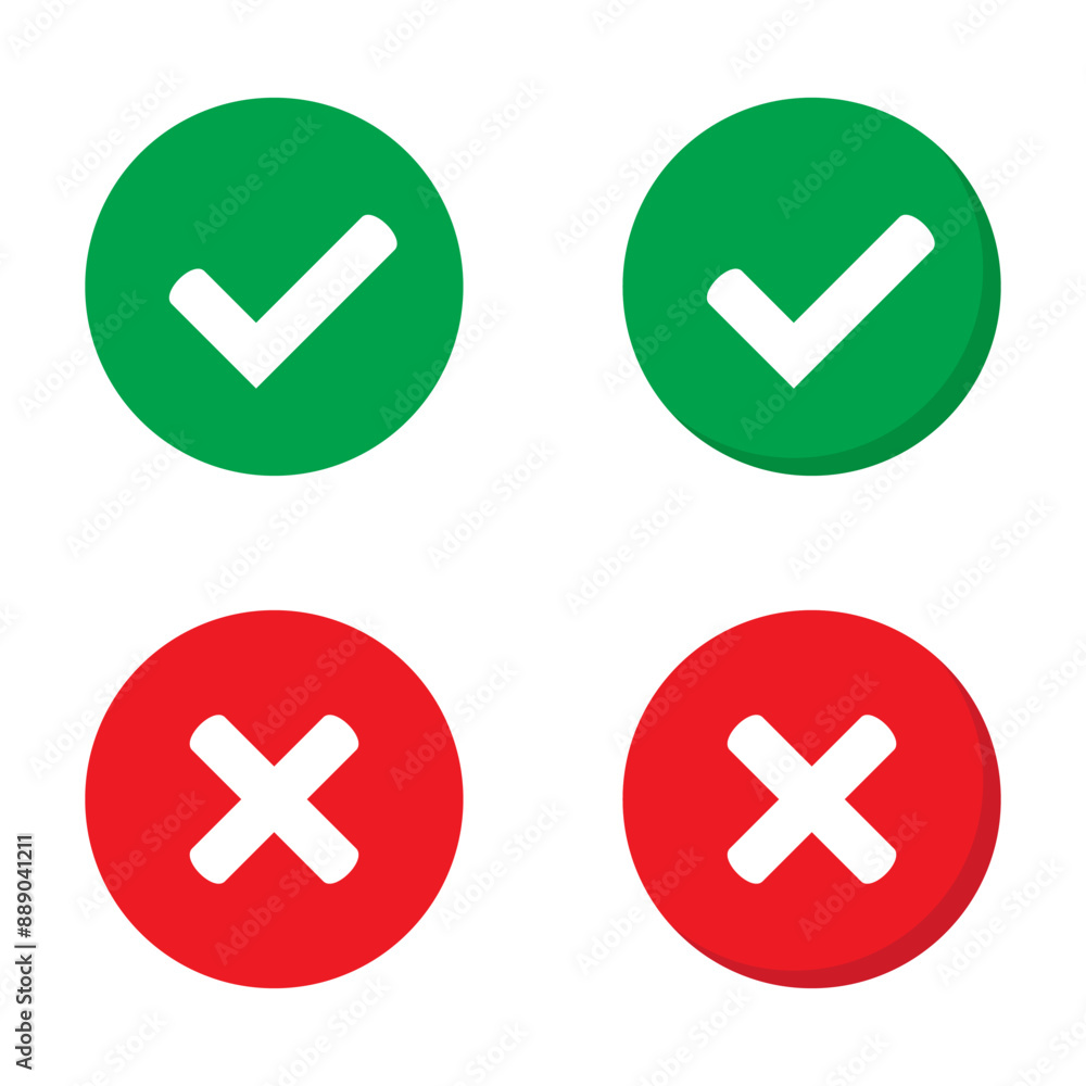 Right or wrong icons. Green tick and red cross checkmarks. Yes or no symbol, approved or rejected icon for user interface. Right or wrong icons. Green tick and red cross checkmarks. Yes or no symbol, approved or rejected icon for user interface.