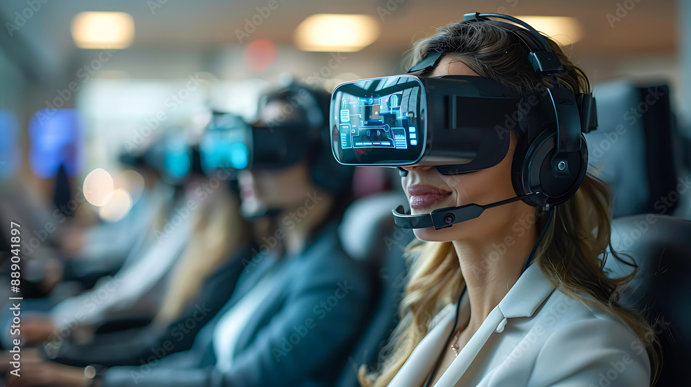 A group of professionals wearing virtual reality headsets and headphones are seated in a row, possibly engaging in a training session or a simulation. A group of professionals wearing virtual reality headsets and headphones are seated in a row, possibly engaging in a training session or a simulation.