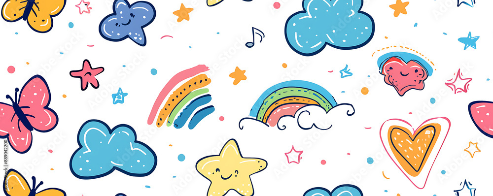 Naklejka premium Cute vibrant playful Kid Doodle Icons Seamless Pattern