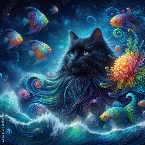 A fantastic, cool, beautiful black cat dreams in the sea among a variety of fish and sea flowers.  Fantasy. Fairy tale. Dreams. A cat's fabulous dream about fish © Aleks Bogatov
