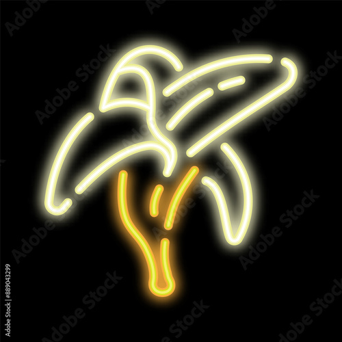 Neon glowing peeled banana fruit. Fruit diet and healthy eating. Glowing neon icon isolated on black background