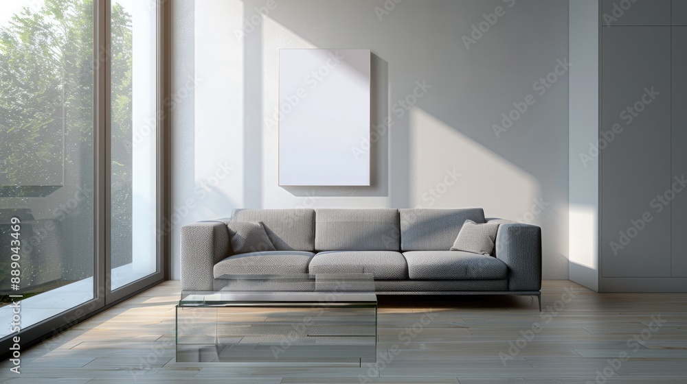 Fototapeta premium A minimalist living room with a grey sofa