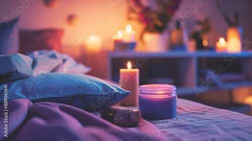 Elegant jar of overnight collagen mask on a bedside table, surrounded by candles, flowers, and silk linens. Cozy bedroom softly lit with warm light creates a relaxing nighttime atmosphere photo