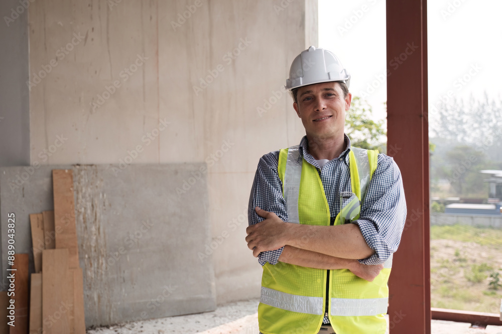 Young Engineer on Construction Site Wearing Safety Gear and Reflective Vest, Confidently Overseeing Building Progress Young Engineer on Construction Site Wearing Safety Gear and Reflective Vest, Confidently Overseeing Building Progress
