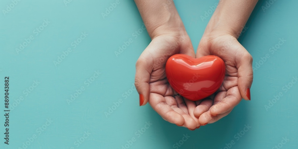 Pair of hands holding a vibrant red heart against a tranquil blue background, signifying love and care, Healthcare, Heart Health, Insurance and donation concept Pair of hands holding a vibrant red heart against a tranquil blue background, signifying love and care, Healthcare, Heart Health, Insurance and donation concept