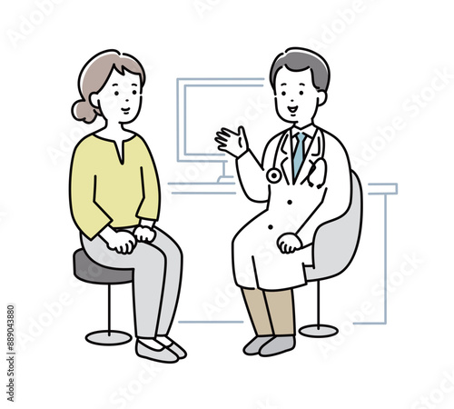 問診・診察を受ける若い女性と説明をする医者のイラスト素材