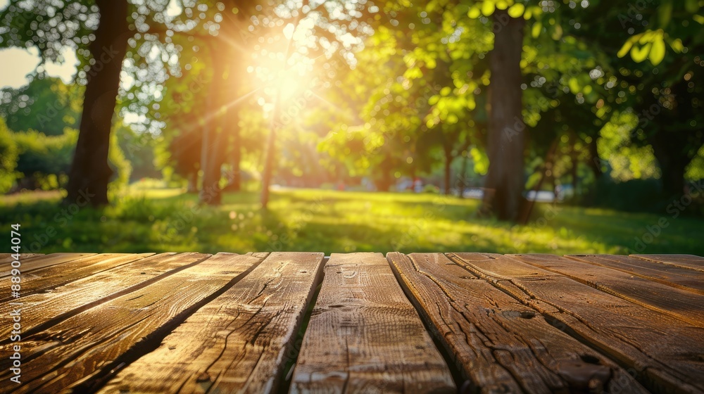 Generative AI : Wooden desk for product on nature landscape Generative AI : Wooden desk for product on nature landscape