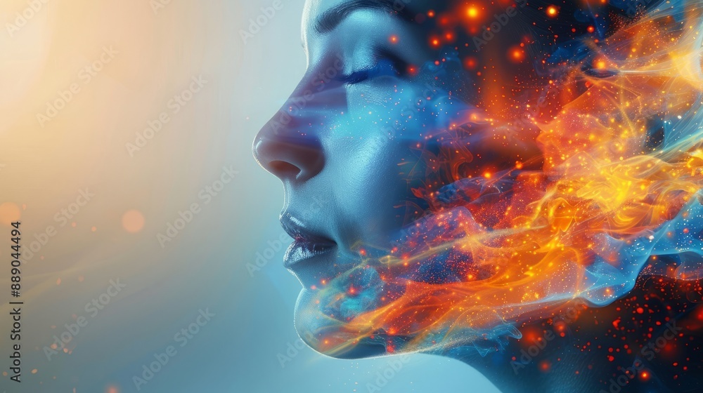 A woman's face is shown with a blue background and orange flames surrounding her. Concept emotional intelligence, exploring the mind, self-discovery, introspection, thinking process. A woman's face is shown with a blue background and orange flames surrounding her. Concept emotional intelligence, exploring the mind, self-discovery, introspection, thinking process.