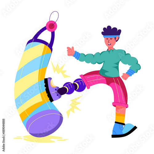 A man kicking bag with prosthetic leg, flat style illustration 