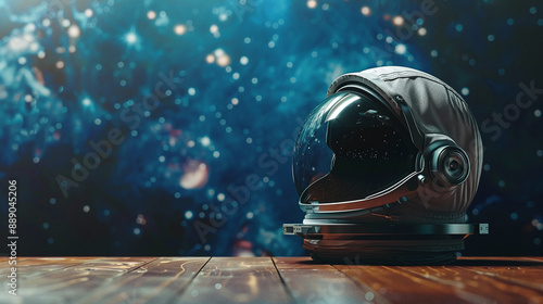 Fototapeta Naklejka Na Ścianę i Meble -  Astronaut helmet on the table of the space station copy space
