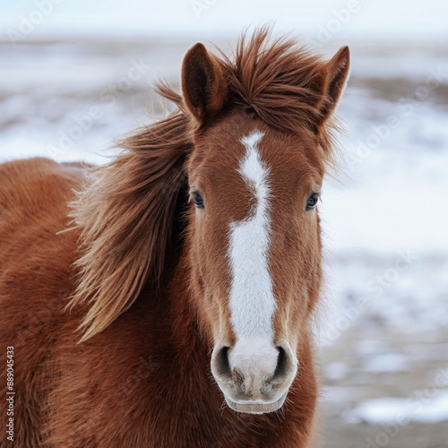 Captivating scene of a serene brown horse standing gracefully in a picturesque snowy winter setting