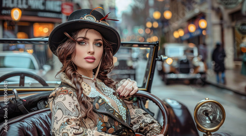 A beautiful woman dressed in a steampunk style sits in the driver's seat of an antique car, with her hat and coat slightly raised to reveal long hair tied back with ribbons © Kien